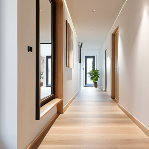 A narrow, bright hallway in a modern Dutch apartment, featuring a large, floor-standing mirror opposite the entrance. The mirror dramatically reflects natural light, making the space appear significantly wider and brighter. Polished light flooring enhances the reflection. Realistic, cozy, interior design photography.