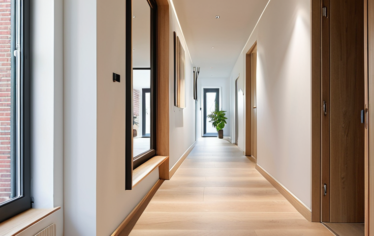 A narrow, bright hallway in a modern Dutch apartment, featuring a large, floor-standing mirror opposite the entrance. The mirror dramatically reflects natural light, making the space appear significantly wider and brighter. Polished light flooring enhances the reflection. Realistic, cozy, interior design photography.