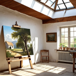 **

"Sunlit atelier in an old farmhouse, whitewashed walls, large skylight, artist (older lady) painting, peaceful, inspiring, creative oasis."

**