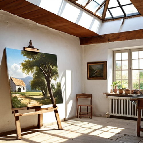 **

"Sunlit atelier in an old farmhouse, whitewashed walls, large skylight, artist (older lady) painting, peaceful, inspiring, creative oasis."

**