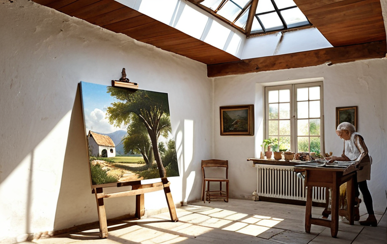 **

"Sunlit atelier in an old farmhouse, whitewashed walls, large skylight, artist (older lady) painting, peaceful, inspiring, creative oasis."

**